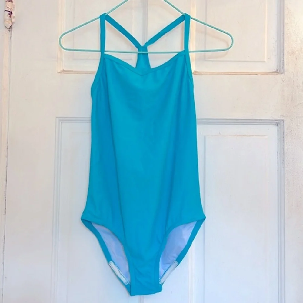 Girls Aqua Blue One-Piece Swimsuit with Cross-Back Straps in size 12